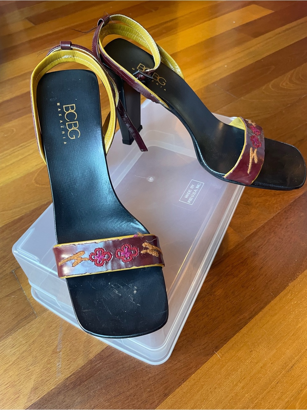 BCBGMaxAzria Burgundy and Yellow Embroidered Slingback Heels
